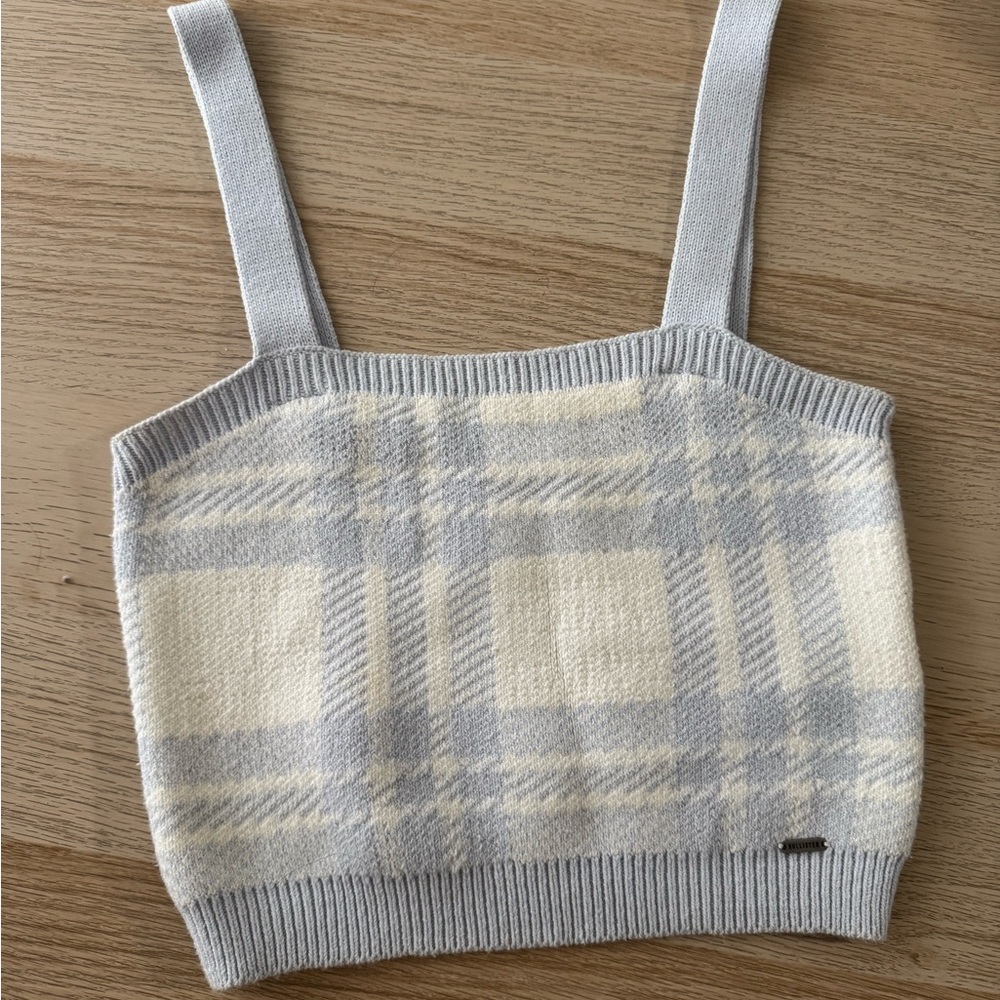 Hollister Square Neck Plaid Knit Women's Top - Blue and Cream